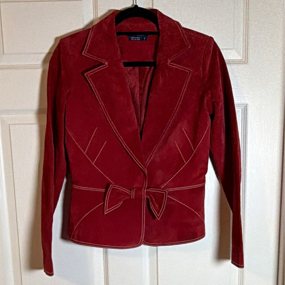 Boston Proper Women's Red Genuine Leather Blazer Bow Closure Lined Size 6